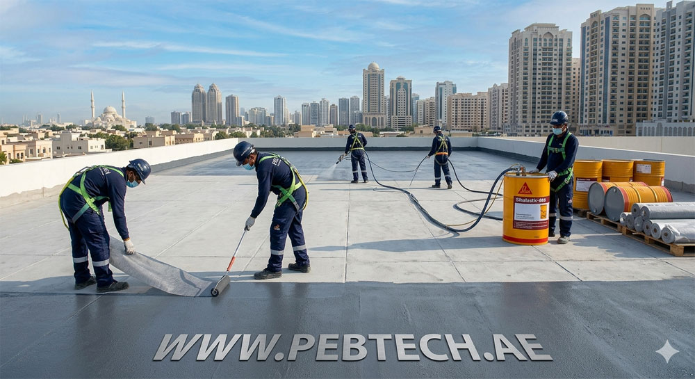 waterproofing companies in Sharjah applying bitumen membrane on commercial rooftop