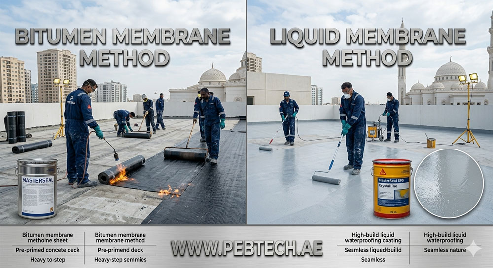 waterproofing methods comparison bitumen membrane vs liquid membrane Sharjah rooftop